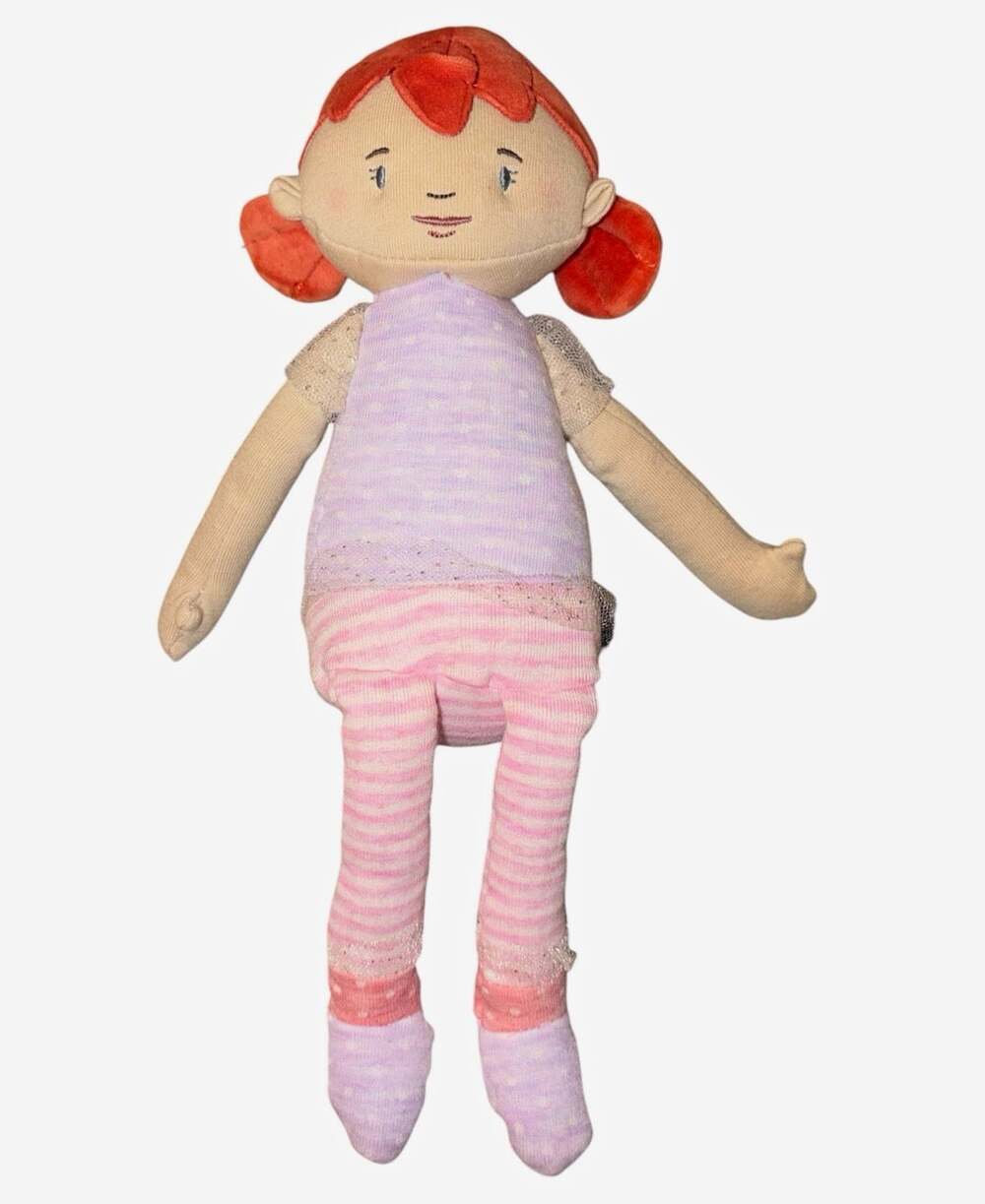 Demdaco Rag & Cloth Girl Doll Red Straight Hair Black Eyes Pink Striped Legs